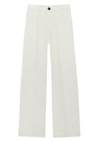 Pantalon taille haute à jambes larges de couleur crème unie. Il présente une fermeture à boutons, une texture de tissu lisse et des plis orientés vers l'avant.