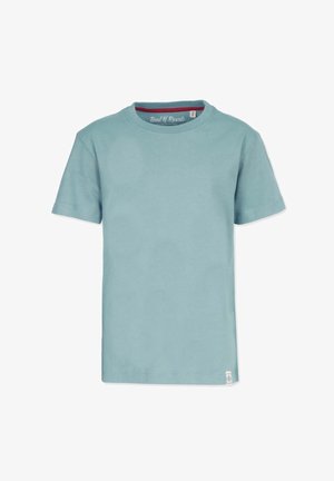 Lys blå bomulds-t-shirt med korte ærmer, rund halsudskæring og et lille logo mærke i kanten. Glat tekstur, afslappet design.