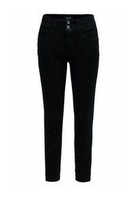 Jeans de mezclilla negra con un corte Slim, con cintura alta, bolsillos frontales y adornados con pequeños rhinestones en toda la tela.