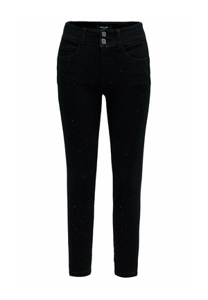 Jeans de mezclilla negra con un corte Slim, con cintura alta, bolsillos frontales y adornados con pequeños rhinestones en toda la tela.