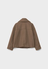 Brown wool blend cropped jacket with a wide collar, relaxed fit, and visible seam details on the back. Smooth texture, no fastenings.