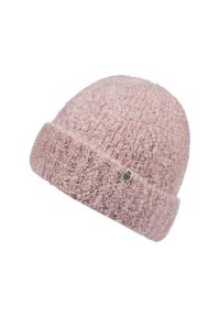 Soft, curly-textured light pink knit beanie with folded brim and small rectangular label on the side.