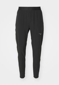 Pantaloni sport negri cu un design subțiat, talie elastică și un mic accent cu logo albastru pe partea stângă. Material moale, ușor.