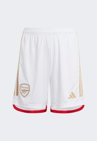 White soccer shorts with gold side stripes, red trim at the hem, and an Arsenal logo on the left side. Made from lightweight fabric.