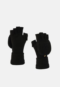 Zwarte vingerloze handschoenen van gebreid materiaal met een getextureerd bloemmotief op de manchetten en een klein rond metalen logo accent.