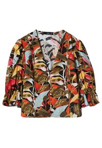 Blusa con bottoni e maniche a sbuffo, caratterizzata da un vivace motivo di foglie tropicali nei colori rosso, giallo, blu, marrone e nero.