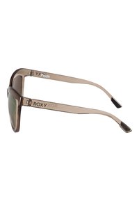 Okulary przeciwsłoneczne Roxy z przezroczystą brązową oprawą, zielonymi gradientowymi soczewkami i srebrnym logo na zausznikach. Smukły, zakrzywiony design.