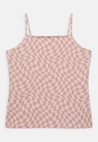 Top de alças em rosa claro e bege, apresentando um padrão de quadrados ondulados. Feito de um material suave com alças finas.
