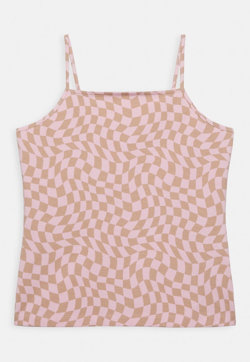 Top de alças em rosa claro e bege, apresentando um padrão de quadrados ondulados. Feito de um material suave com alças finas.