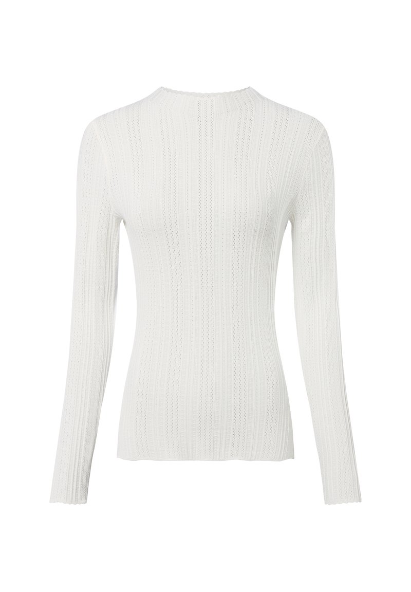 Haut à manches longues blanc à côtes, fabriqué dans un matériau texturé. Présente un décolleté festonné et une coupe ajustée, mettant en valeur la silhouette.