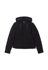 Veste noir rembourrée avec capuche, dotée d'une fermeture éclair, de cordons de serrage élastiques et de deux poches latérales. Le matériau semble léger et lisse.