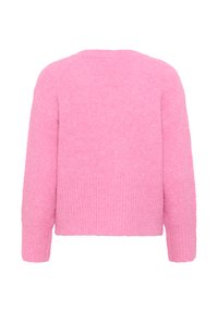 Pull en tricot rose doux à manches longues avec des poignets et un ourlet côtelés, montré de dos sur un fond blanc.