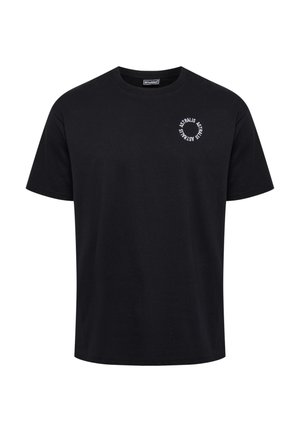 Zwarte katoenen t-shirt met een ronde hals. Bevat witte cirkelvormige grafische tekst aan de linkerkant. Korte mouwen en een ontspannen pasvorm.