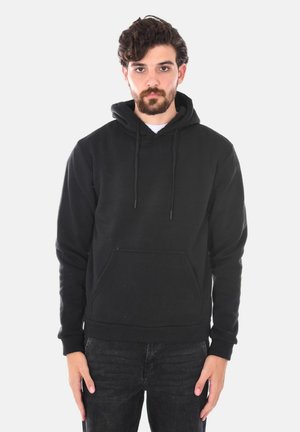 Felpa nera con cappuccio, tasca a kangaroo frontale, polsini e orlo a costine. Materiale in cotone, spessore medio, design semplice senza fantasie.