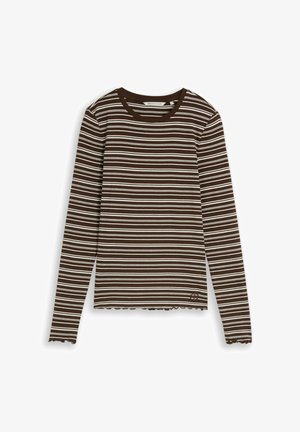 TOM TAILOR, LONGSLEEVE T-SHIRT WITH FRILL EDGE - Long sleeved top - brown white irregular stripe