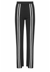Zwarte broek met een aansluitende tailleband, voorzien van twee verticale witte strepen langs de zijkanten. Gemaakt van een gladde, zachte stof.