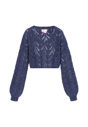 Tummansininen lyhyt villapaita, jossa on V-pääntie ja pitkät puffihihat. Valmistettu avoin neuloskangas, jossa on timanttikuvio.