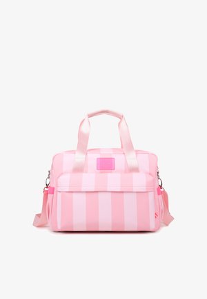 Pink striped bag with smooth fabric, a top handle, an adjustable shoulder strap, and a front pocket. Features a rectangular shape and logo tag.