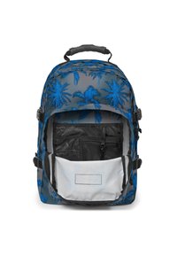 Ryggsäck med en grå yttermaterial och blå palmtryck, en blixtlåsfack och en meshficka inuti för organisering.