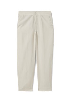 Pantalones beige claro de pierna recta con cintura de talle medio y bolsillos laterales, mostrados extendidos sobre un fondo blanco.