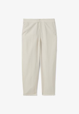 Pantalon beige clair à jambes droites, taille mi-haute et poches latérales, présenté à plat sur un fond blanc.