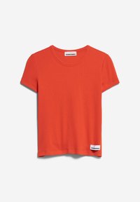 Kurze Ärmel T-Shirt in leuchtendem Orange, aus geripptem Baumwollstoff, mit Rundhalsausschnitt und einem kleinen Etikett am Saum.