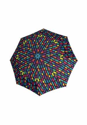 Colorful umbrella with a black background, featuring a pattern of vibrant, elongated shapes in blue, green, yellow, pink, and red.