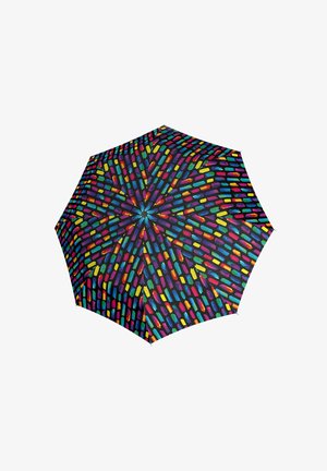 Bunter Regenschirm mit schwarzem Hintergrund, der ein Muster aus lebendigen, länglichen Formen in Blau, Grün, Gelb, Pink und Rot zeigt.