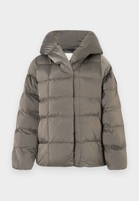 Veste de doudoune grise matelassée avec grande capuche et fermeture à pression à l'avant, présentée sur un fond blanc uni.