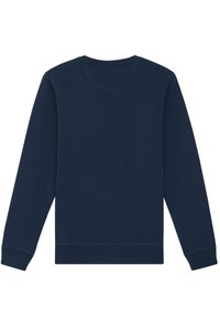 Mörkblå crewneck sweatshirt med lång ärm, ribbade mudd, och en mjuk texturerad yta, med en enkel och solid design.