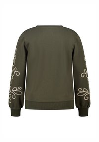Olijfgroene sweatshirt met lange mouwen, voorzien van witte decoratieve borduursels op de mouwen, geribde manchetten en een ronde halslijn.