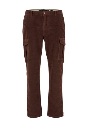 Pantaloni cargo in corduroy marroni con tasche laterali, caratterizzati da una chiusura con bottone e una texture a coste per un tocco di dettaglio in più.