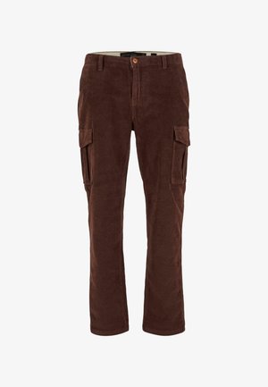 Pantaloni cargo in corduroy marroni con tasche laterali, caratterizzati da una chiusura con bottone e una texture a coste per un tocco di dettaglio in più.