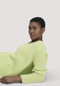 Limegrüner gestrickter Pullover mit langen Ärmeln, weitem Ausschnitt und strukturierten Streifen. Weiches Material mit einem flauschigen Erscheinungsbild.