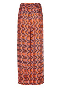 Midja-lång kjol med ett livligt orange och lila zigzag-mönster. Tillverkad av lätt tyg med resårmidja för komfort.