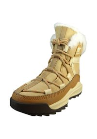 Beżowe zimowe botki z futrzanym wykończeniem, teksturowanym materiałem i gumową podeszwą. Posiadają pomarańczowe akcenty oraz sznurowanie z przodu dla pewnego dopasowania.