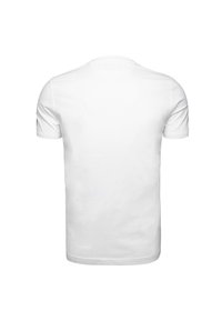 Vit t-shirt med kort ärm som visas från baksidan, med en klassisk runda halsringning och en slät, platt textur. Inga mönster eller detaljer synliga.