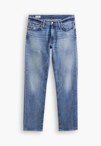 Jean en denim bleu avec effet délavé, conception à cinq poches, passants pour ceinture et fermeture par bouton, présenté à plat sur fond blanc.