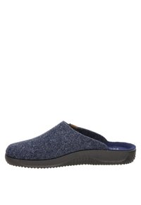 Sabots en feutre bleu foncé avec un dos ouvert, surface texturée et semelle en caoutchouc dotée d'un motif strié pour une meilleure adhérence.