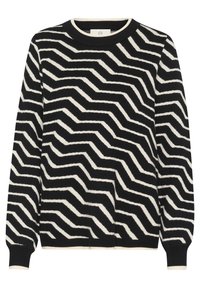 Knit sweater featuring a zigzag pattern in black and cream, with a round neckline and ribbed cuffs. Soft texture with a casual fit.