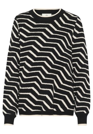 Pleteni pulover z zigzag vzorcem v črni in kremni barvi, z okroglo ovratnikom in rebrastimi manšetami. Mehak material z sproščenim fitom.