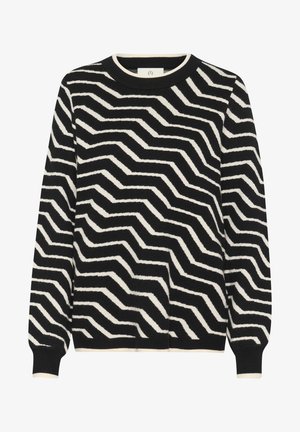 Kootud kampsun, millel on must-valge sakiline muster, ümmargune kaelus ja soonikud varruka otsas. Pehme tekstuur ja mugav lõige.