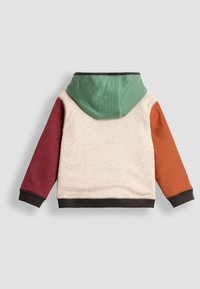 Felpa color block con cappuccio verde, corpo beige e maniche bordeaux e arancioni. Realizzata in tessuto morbido con orlo e polsini a costine.
