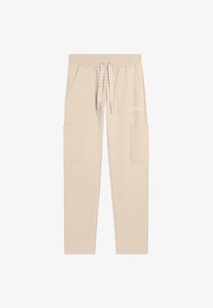 Pantalon cargo beige avec taille élastique, cordon de serrage marqué « FREDDY », deux poches plaquées devant et deux sur les côtés, coupe droite.