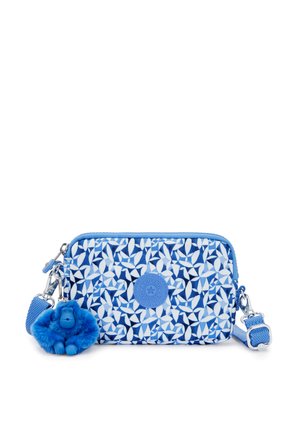 Blue and white patterned rectangular crossbody bag with a blue furry monkey keychain and adjustable strap with metal clasps.