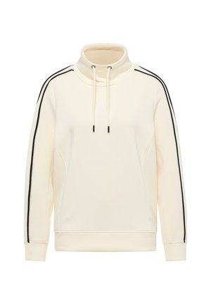 Felpa color crema con collo alto, strisce laterali nere e coulisse. Tessuto morbido con polsini e orlo a coste. Design semplice e sportivo.