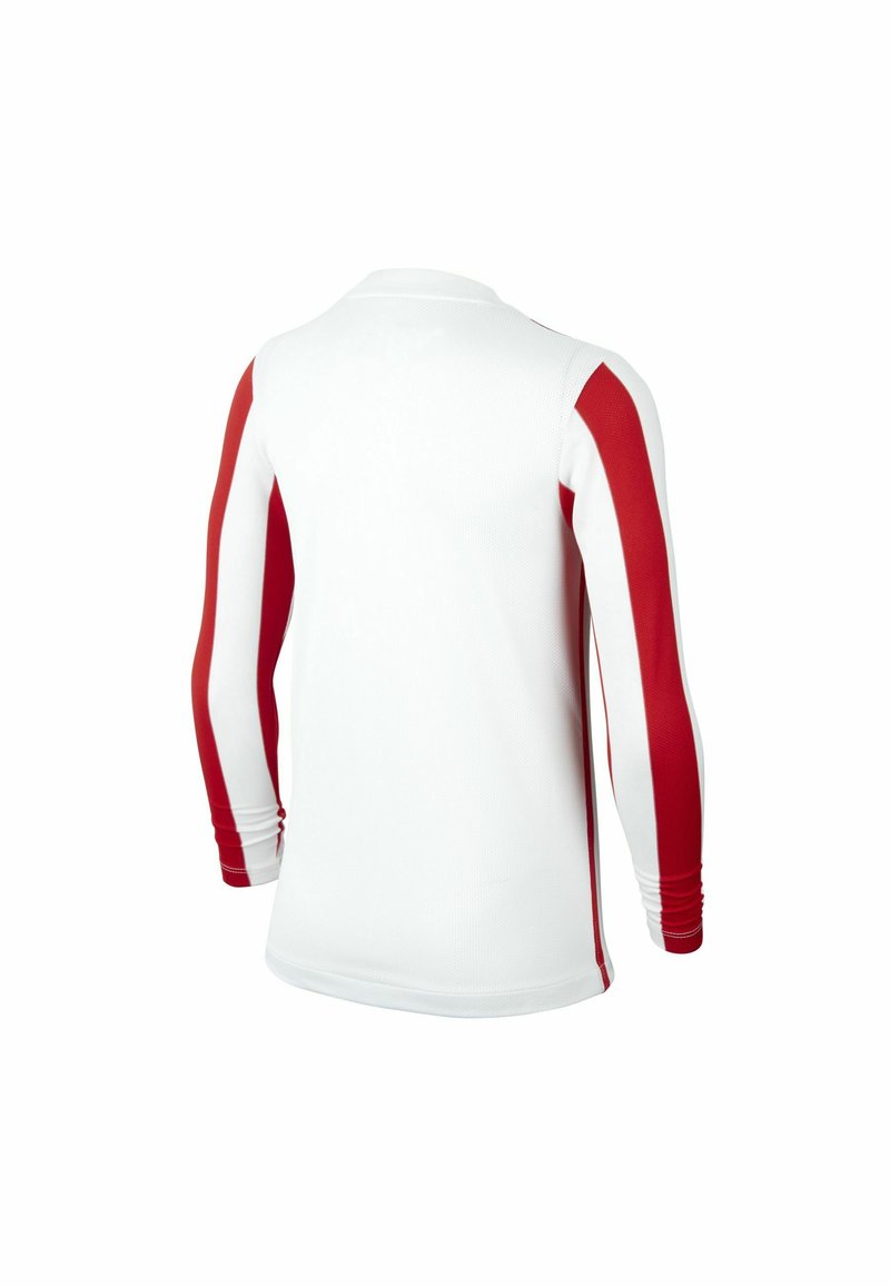 Camisa de manga larga con tejido principal blanco y rayas rojas audaces en los hombros y las mangas. Diseño texturizado y deportivo.