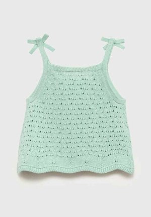 Mintgrünes gestricktes Tanktop mit spitzenähnlichem Muster, verstellbaren Trägern, die zu Schleifen gebunden sind, und einem gewellten Saum. Leichter, atmungsaktiver Stoff.