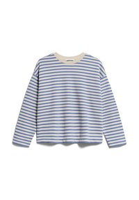 Koszula w paski z długim rękawem w kolorze kremowym i jasnoniebieskim. Miękki bawełniany materiał z okrągłym dekoltem i luźnym fasonem. Poziome paski na całej powierzchni.