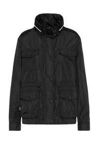 Black nylon jacket with high collar, dual chest pockets, drawstring waist, and snap buttons. Features a smooth texture and minimal design.